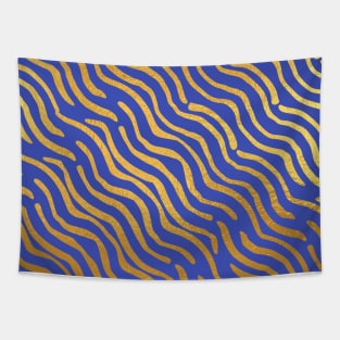 Indigo Blue Gold colored abstract lines pattern Tapestry