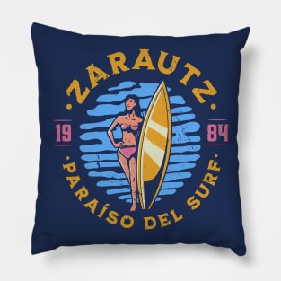 Vintage Zarautz, Spain Surfer's Paradise // Retro Surfing 1980s Badge Pillow