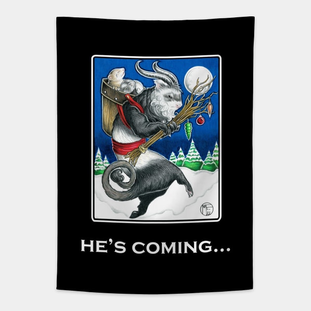 Ferret Krampus - He's Coming - White Outlined Version Tapestry by Nat Ewert Art