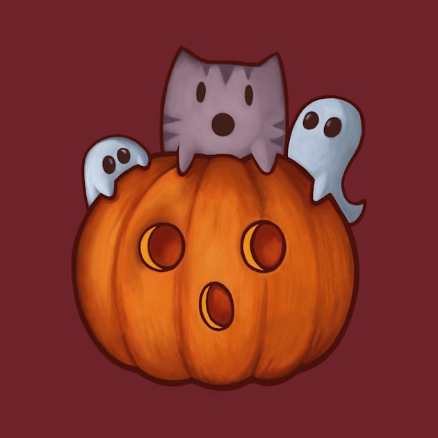 Cute cat and pumpkin with spooky ghosts Halloween by Mazz8 Designs