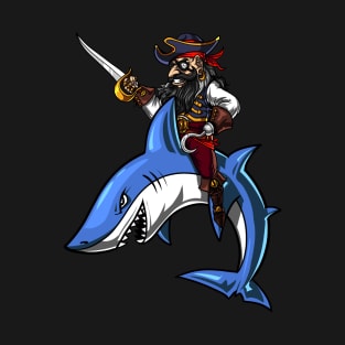 Pirate Captin Riding Shark Ocean T-Shirt