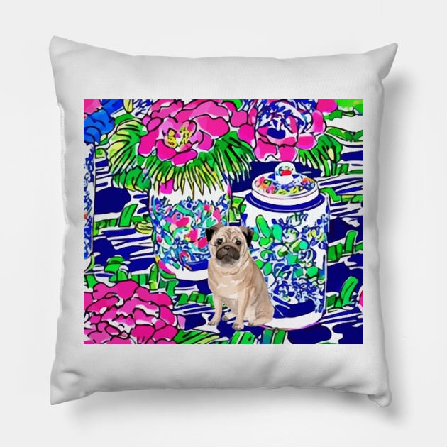 Pug and pink daisies Pillow by SophieClimaArt