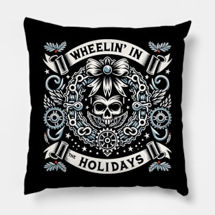 Wheelin’ in the holidays - Motorcycle Christmas wreath Pillow