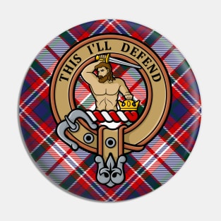 Clan MacFarlane Crest over Dress Tartan Pin