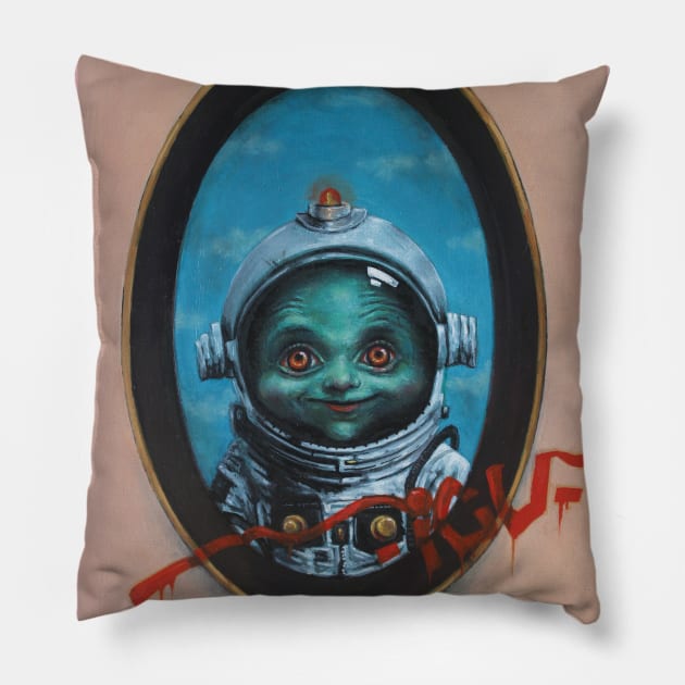 Adorable Alien Invasion | ICU Vandalized Graffiti Street Art. Green Goblin Martian. Awakening. Sky Diving Pillow by Tiger Picasso