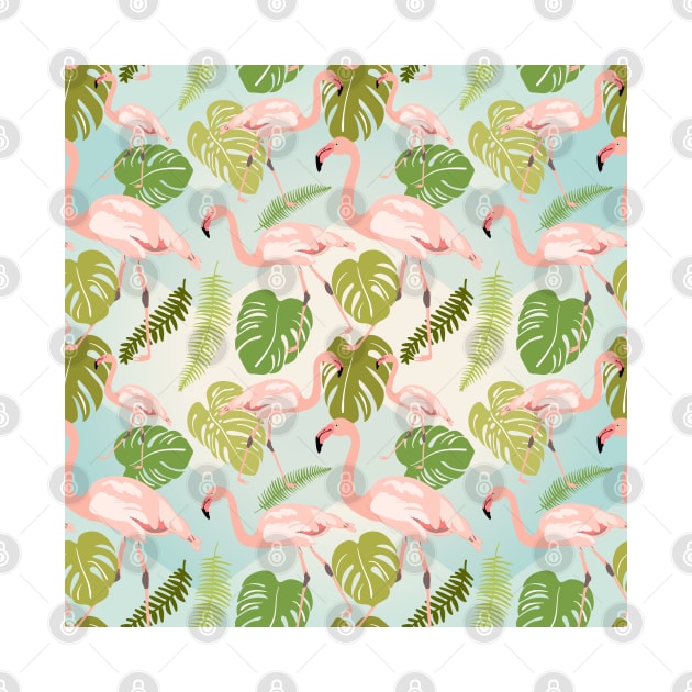 Hand drawn pink flamingo and monstera leaves. Seamless pattern by AnaMOMarques