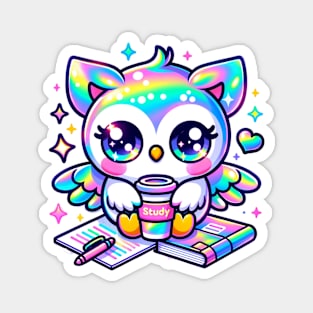 Kawaii Holographic Owl with Coffee and Study Notes Magnet