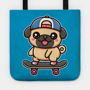 Kawaii Pug Puppy on Skateboard Cute Pug Lover Tote