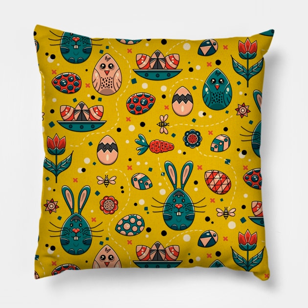 Funny Easter Eggs on Yellow Pillow by Simplulina