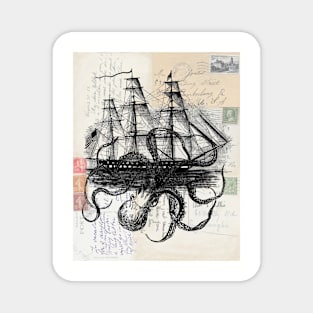 Octoship on Old Postcards Magnet