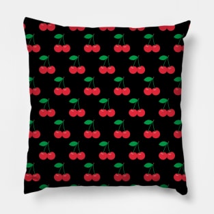 Red Cherries Pattern on Black Background Pillow