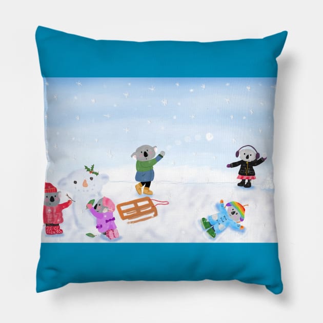 Fun in the snow koalas Pillow by Charlotsart