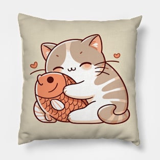 cute cat cuddling red fish Pillow