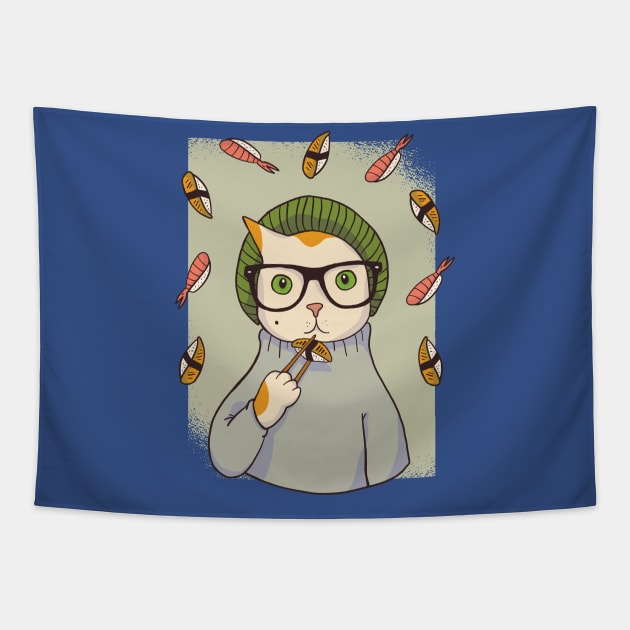 Hipster Cat Sushi Tapestry by HiFi Tees