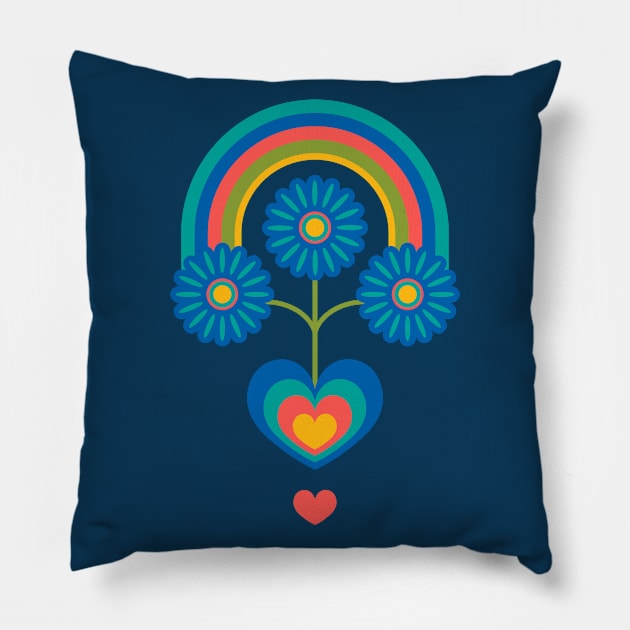 UNDER THE RAINBOW Folk Art Mid-Century Modern Scandi Floral With Flowers and Hearts on Dark Blue - UnBlink Studio by Jackie Tahara Pillow by UnBlink Studio by Jackie Tahara