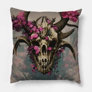 Horned Skull With Flowers Growing Out Of It Pillow