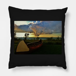 Canoe at Lake Edge with Dramatic Clouds Pillow