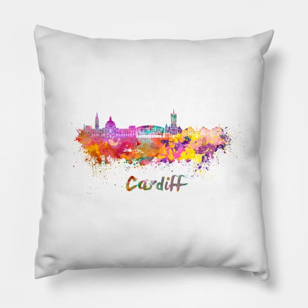 Cardiff skyline in watercolor Pillow by PaulrommerArt