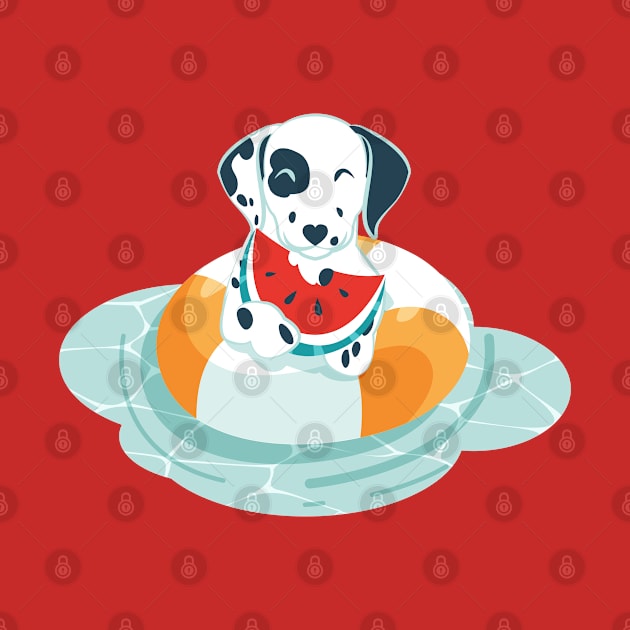 Summer pool pawty // aqua background Dalmatian dog breed in vacation playing on swimming pool by SelmaCardoso