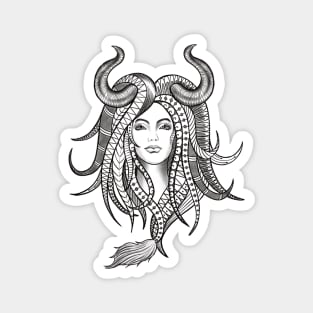 Confident Taurus Woman with Horns and Geometrical Tattoo Design Magnet