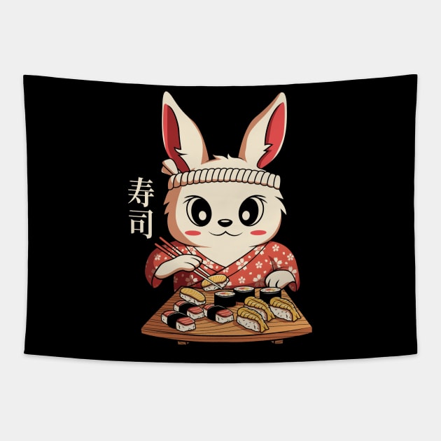 Kawaii Bunny Eating Japanese Sushi Anime Gift Tapestry by HCMGift