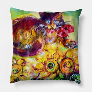 CAT WITH RED RIBBON AND SUNFLOWERS Pillow