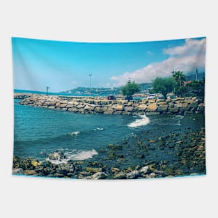 Blue Sea Horizon Summer Stones Beach Travel Tapestry