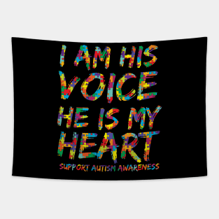 I Am His Voice He is My Heart Shirt Support Autism Awareness Tapestry