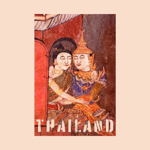 Antique Thai colorful temple mural of a young couple embracing in traditional period ceremonial clothing by Earthworx