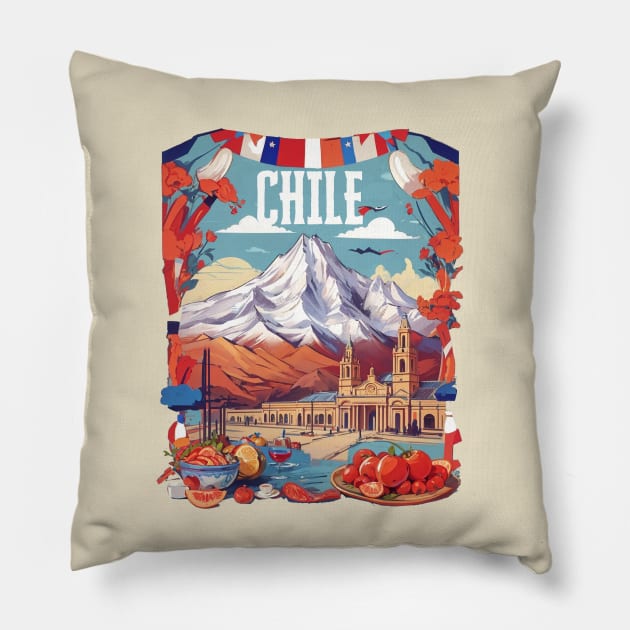 Vintage Travel Chile Design Pillow by huefinder