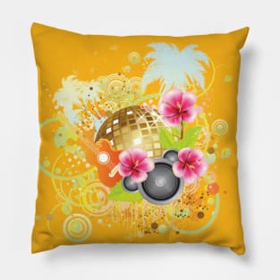 Tropical party poster with hibiscus and guitar Pillow