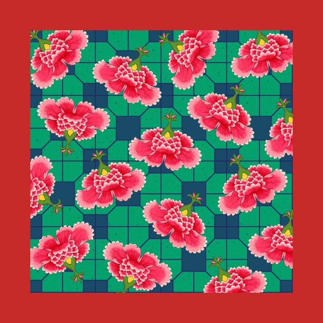 Chinese Vintage Pink and Red Flowers with Green and Blue Tile - Hong Kong Traditional Floral Pattern by CRAFTY BITCH