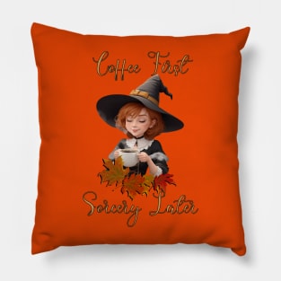 Halloween Coffee First Sorcery Later, Cute Witch Fall Leaves Pillow