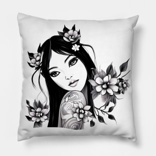 Beautiful Asian Girl Tattoo Art Pillow