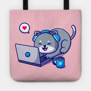 Cute Cat Working On Laptop Cartoon Tote