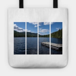 Pad on a wooden floating platform. Metal ladder to get out of the water of a beautiful fjord in Norway. Rippled sea. Sunny spring day. No people Tote