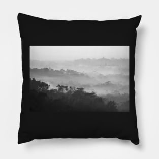 Mist above Borobudur as viewed from Setumbu hill, Java island, Indonesia Pillow