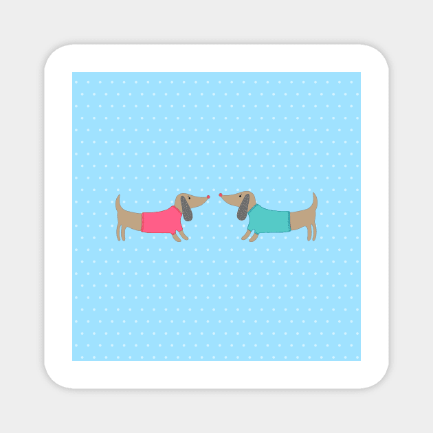 Cute dogs in love with dots in blue background Magnet by bigmoments