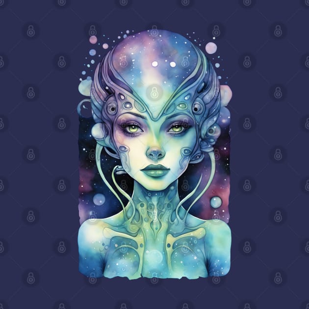 Alien Girl, colorful watercolor space art by Ravenglow