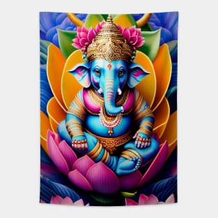 Baby Ganesh sitting o a Lotus Flower Tapestry