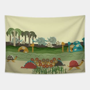 Family of dinos, rhinos and turtles in the jungle Tapestry