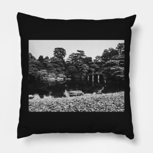 Black and White Shot of Bridge in Large Japanese Garden Pillow