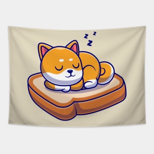 Cute Shiba Inu Dog Sleeping On Bread Cartoon Tapestry