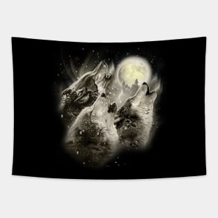 Three Wolves Howling in Moonlight Tapestry