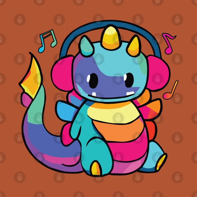 Happy dragon or dinosaur with headphones by SPJE Illustration Photography