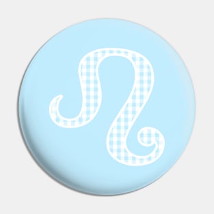 Leo Zodiac Horoscope Symbol in Pastel Blue and White Gingham Pattern Pin