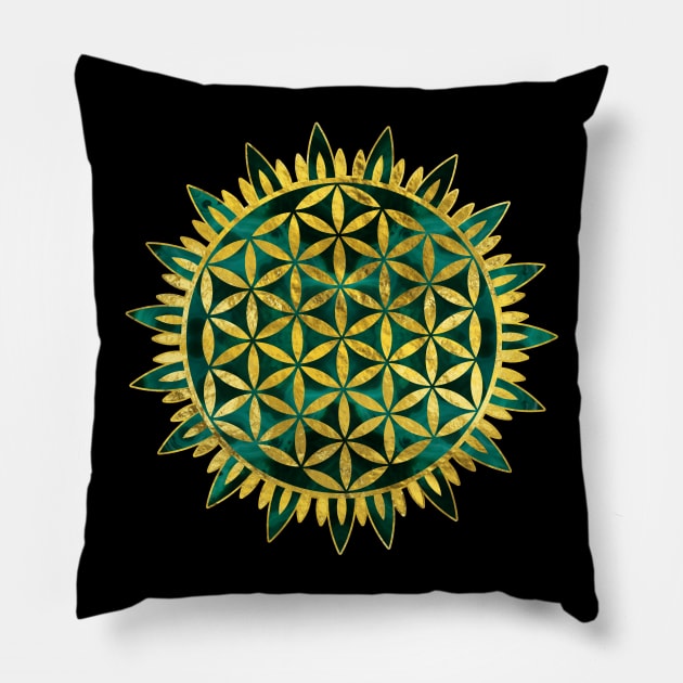 Gold Flower of life on malachite Pillow by Nartissima