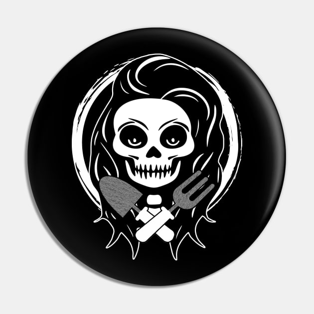 Female Gardener Skull and Garden Tools White Logo Pin by Nuletto