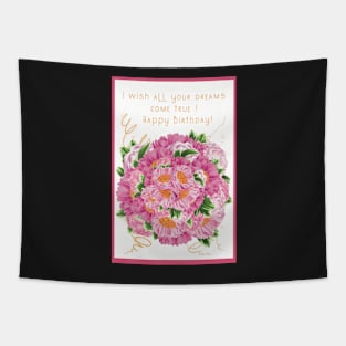 Happy Birthday greetings with a bouquet of peonies Tapestry