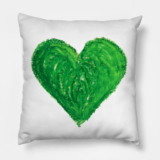 Green Heart Drawn With Oil Pastels On Paper Pillow by CrysOdenkirk